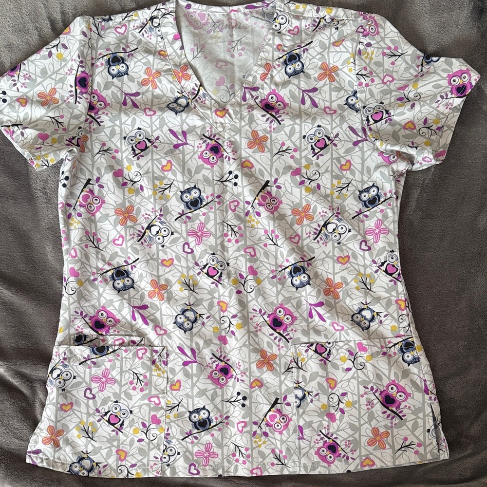 Floral Owl Print Women's Scrub Top